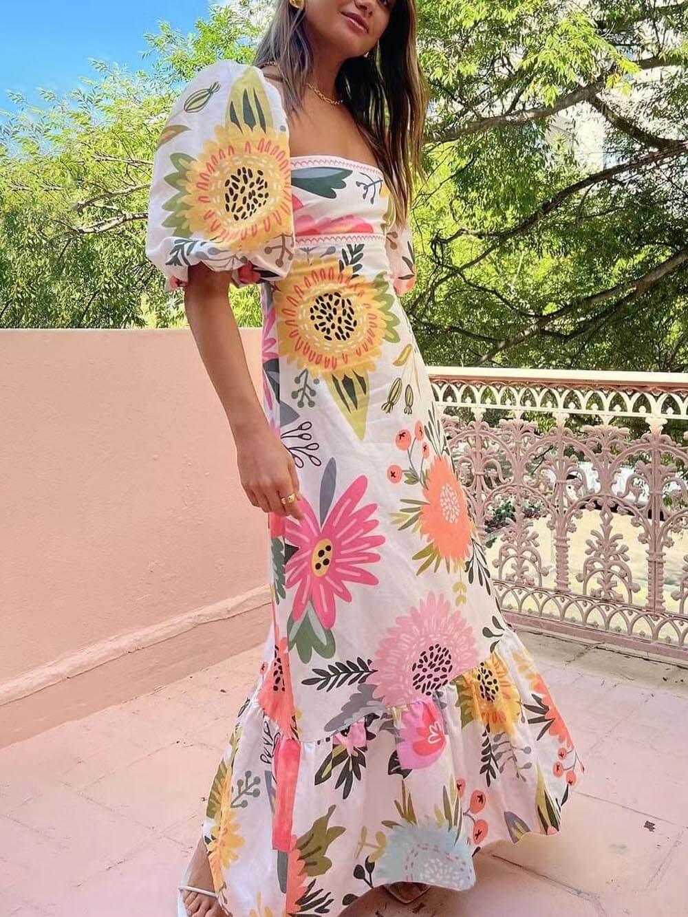 Magdalena | Vestido maxi de verano con flores y escote cuadrado