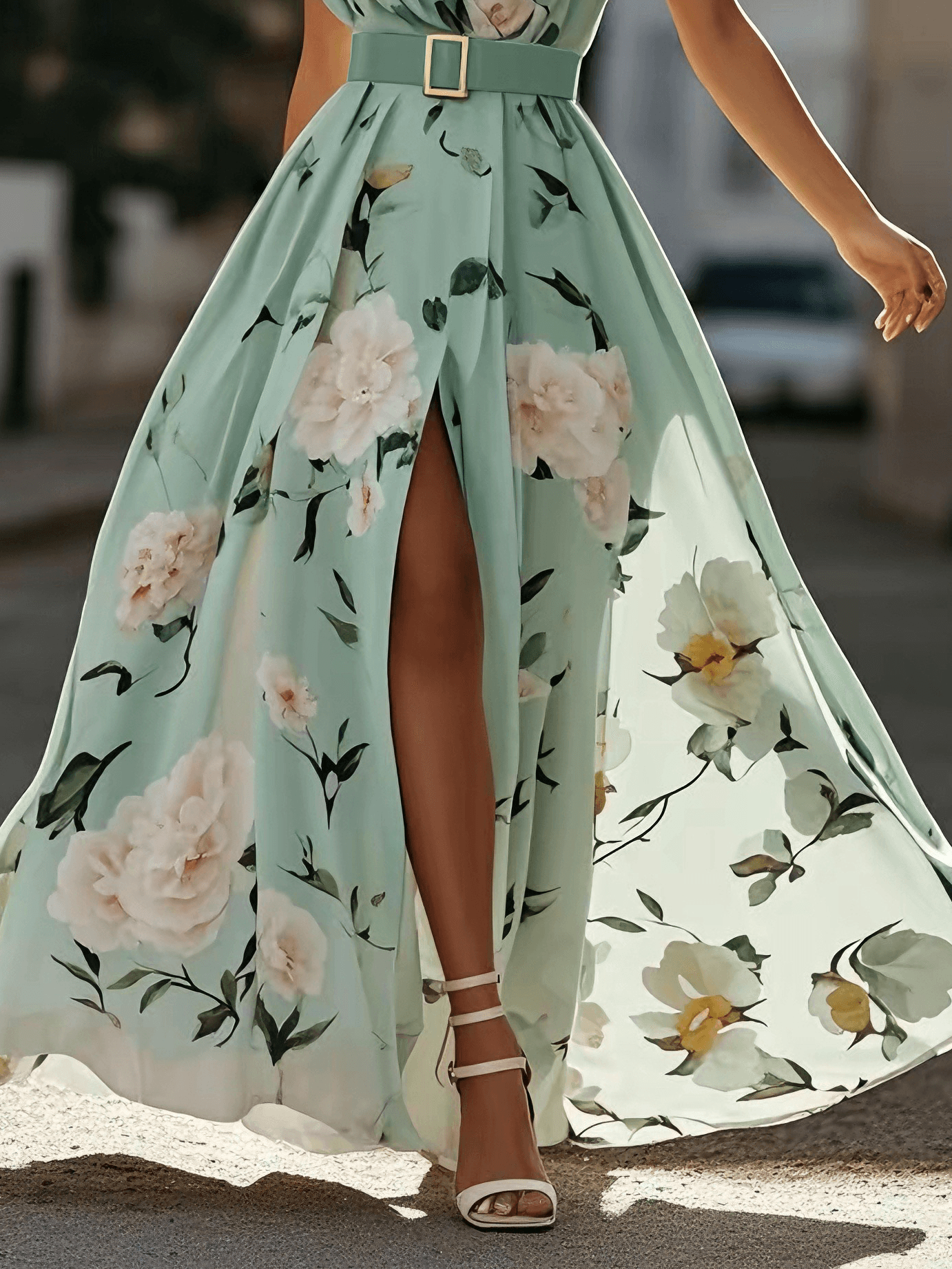 Anna | Vestido Maxi Floral Verde Claro de Un Solo Hombro