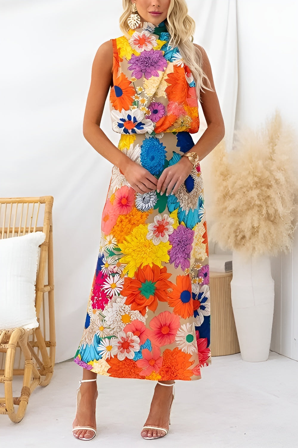 Naila | Vestido maxi floral sin mangas con lazo en el cuello y la cintura