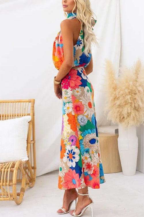 Naila | Vestido maxi floral sin mangas con lazo en el cuello y la cintura