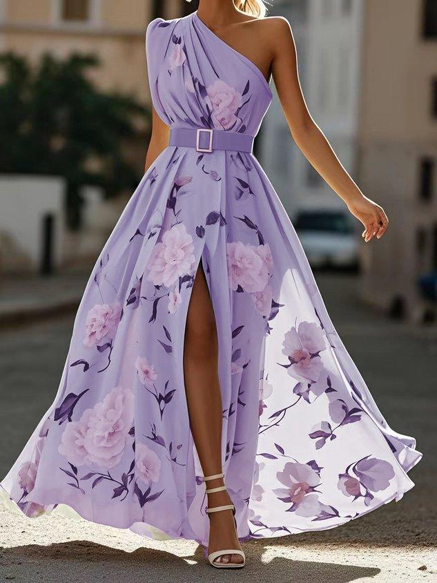 Anna | Vestido Maxi Floral Verde Claro de Un Solo Hombro
