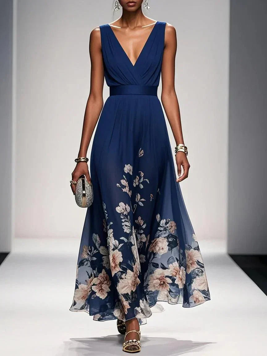 Elsa | Vestido Maxi de Chiffon Azul Claro con Escote en V