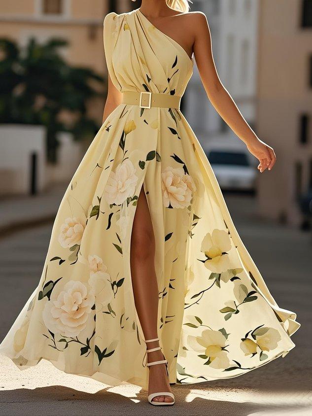Anna | Vestido Maxi Floral Verde Claro de Un Solo Hombro