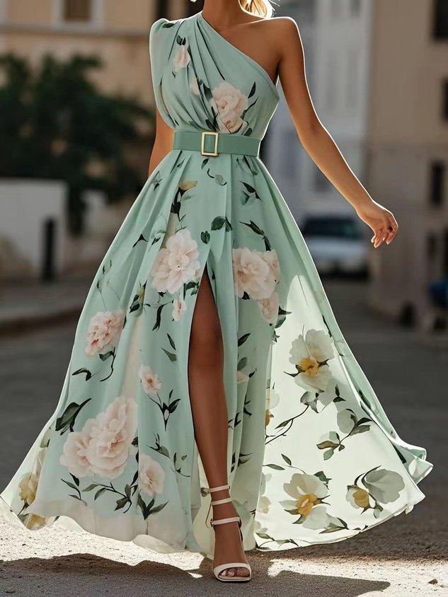 Anna | Vestido Maxi Floral Verde Claro de Un Solo Hombro