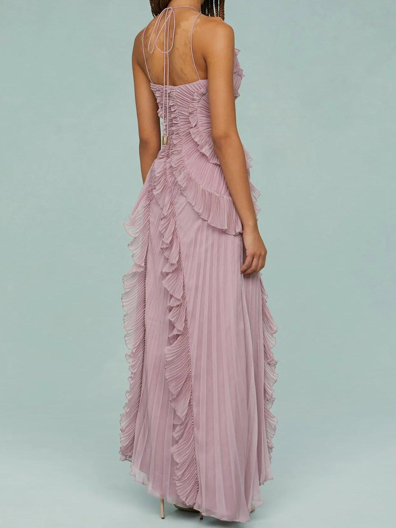Maria | Vestido largo con tirantes plisados y aberturas
