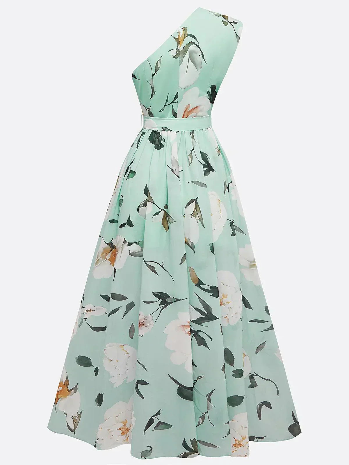 Anna | Vestido Maxi Floral Verde Claro de Un Solo Hombro