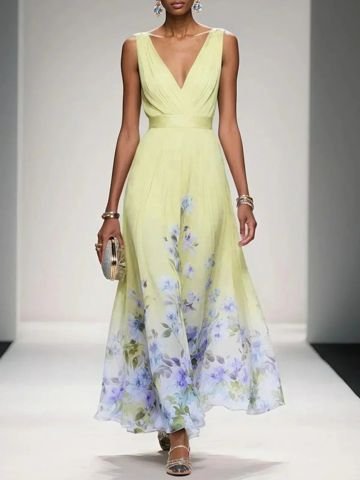 Elsa | Vestido Maxi de Chiffon Azul Claro con Escote en V