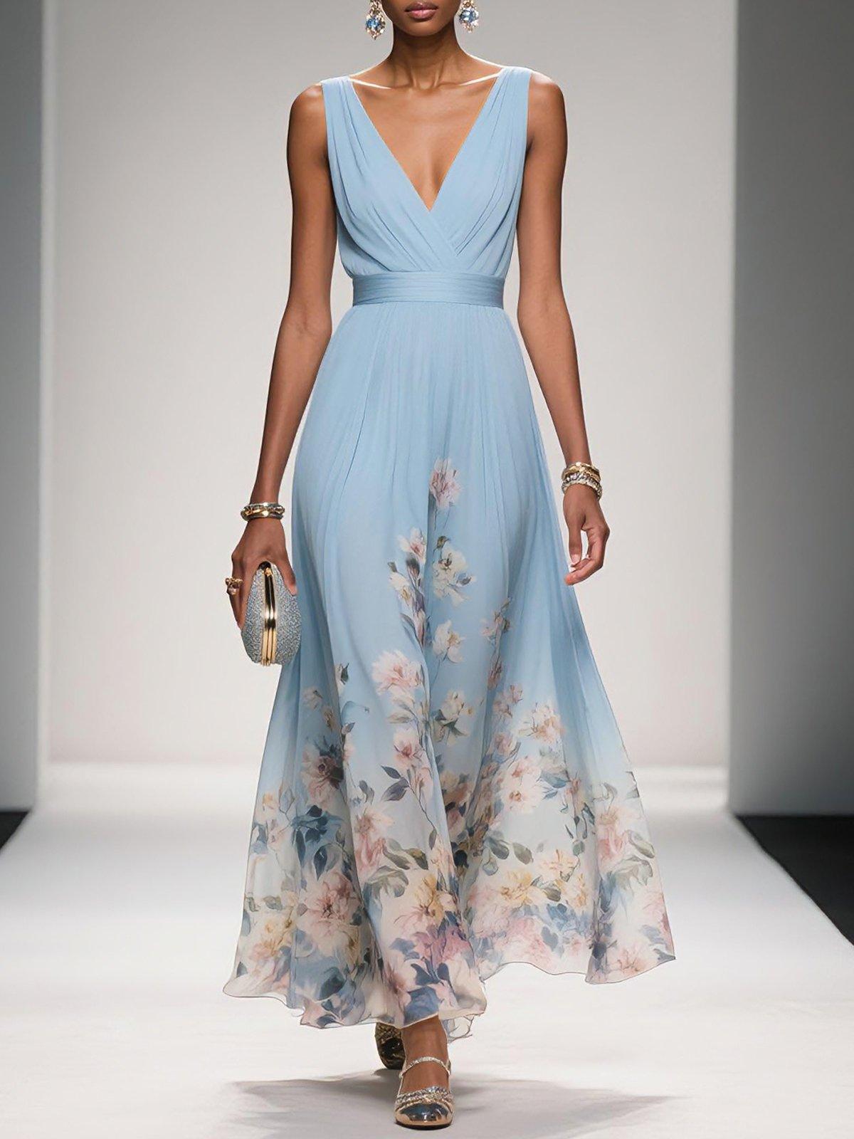 Elsa | Vestido Maxi de Chiffon Azul Claro con Escote en V