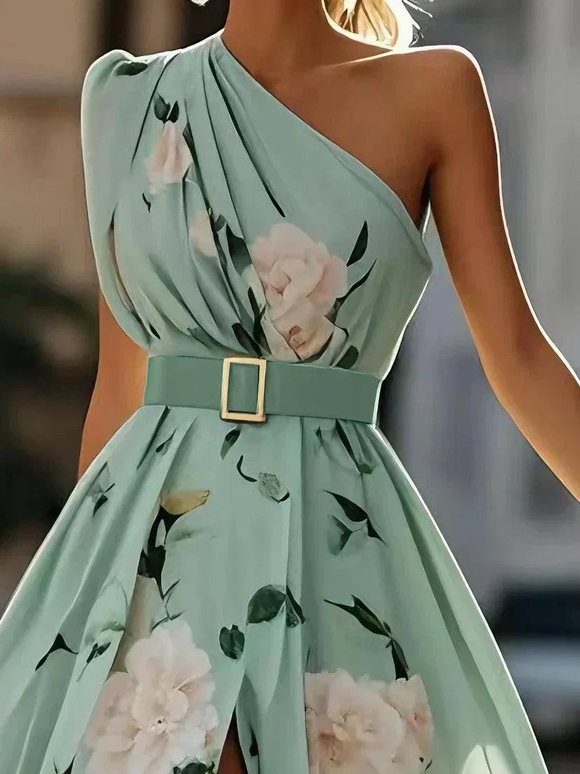 Anna | Vestido Maxi Floral Verde Claro de Un Solo Hombro