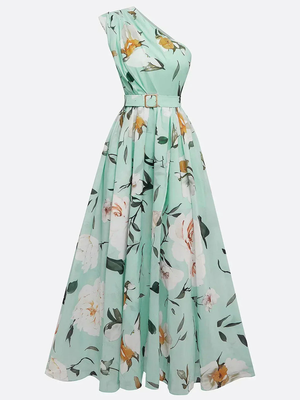Anna | Vestido Maxi Floral Verde Claro de Un Solo Hombro