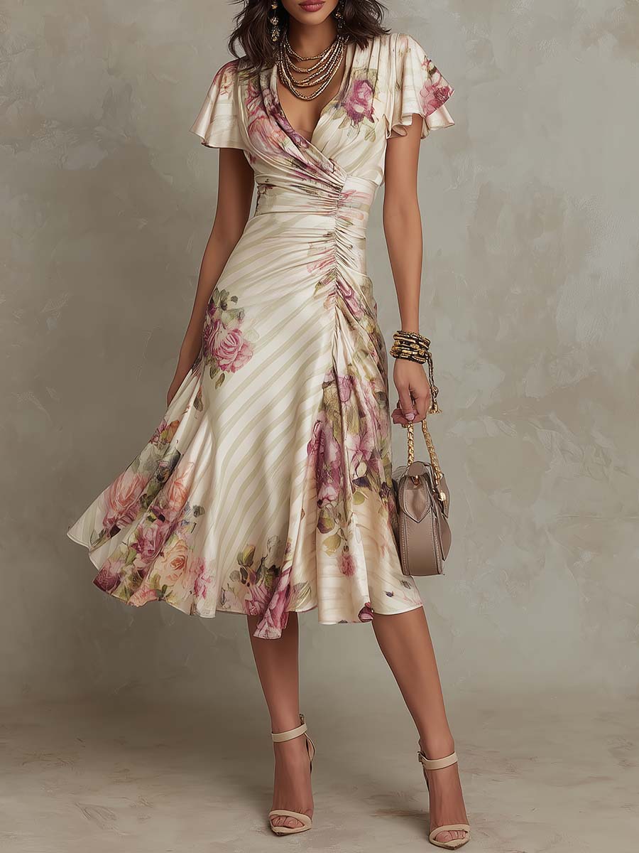 Joanna | Vestido midi satinado con flores de estilo vintage