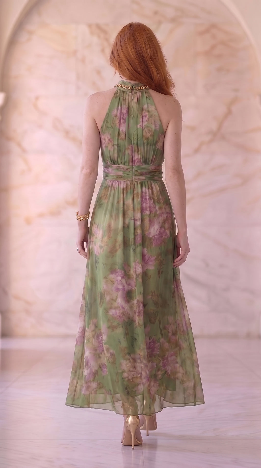 Emilia | Vestido maxi de gasa verde con flores y tirantes