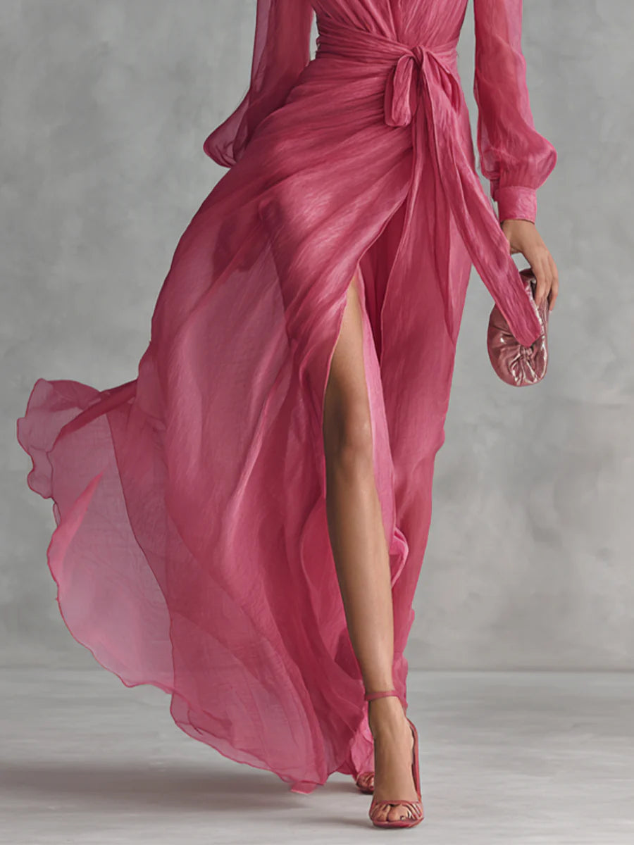Beata | Elegante vestido maxi de gasa con escote en V y cinturilla ajustable
