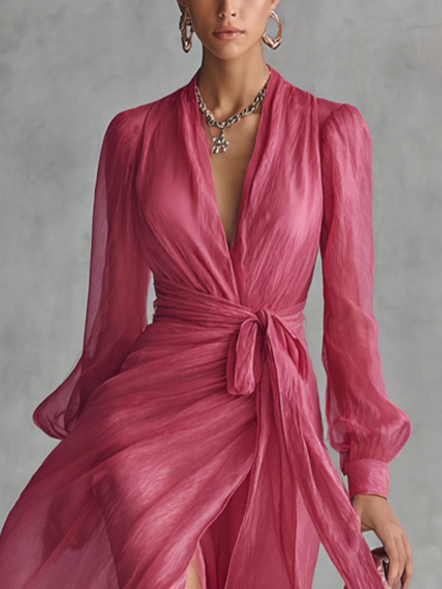 Beata | Elegante vestido maxi de gasa con escote en V y cinturilla ajustable