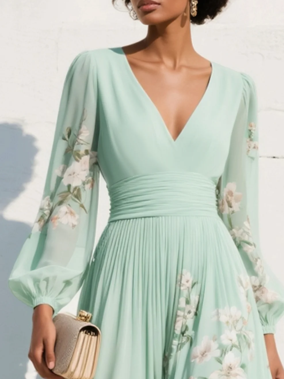 Vestido midi verde claro con escote en V plisado de gasa