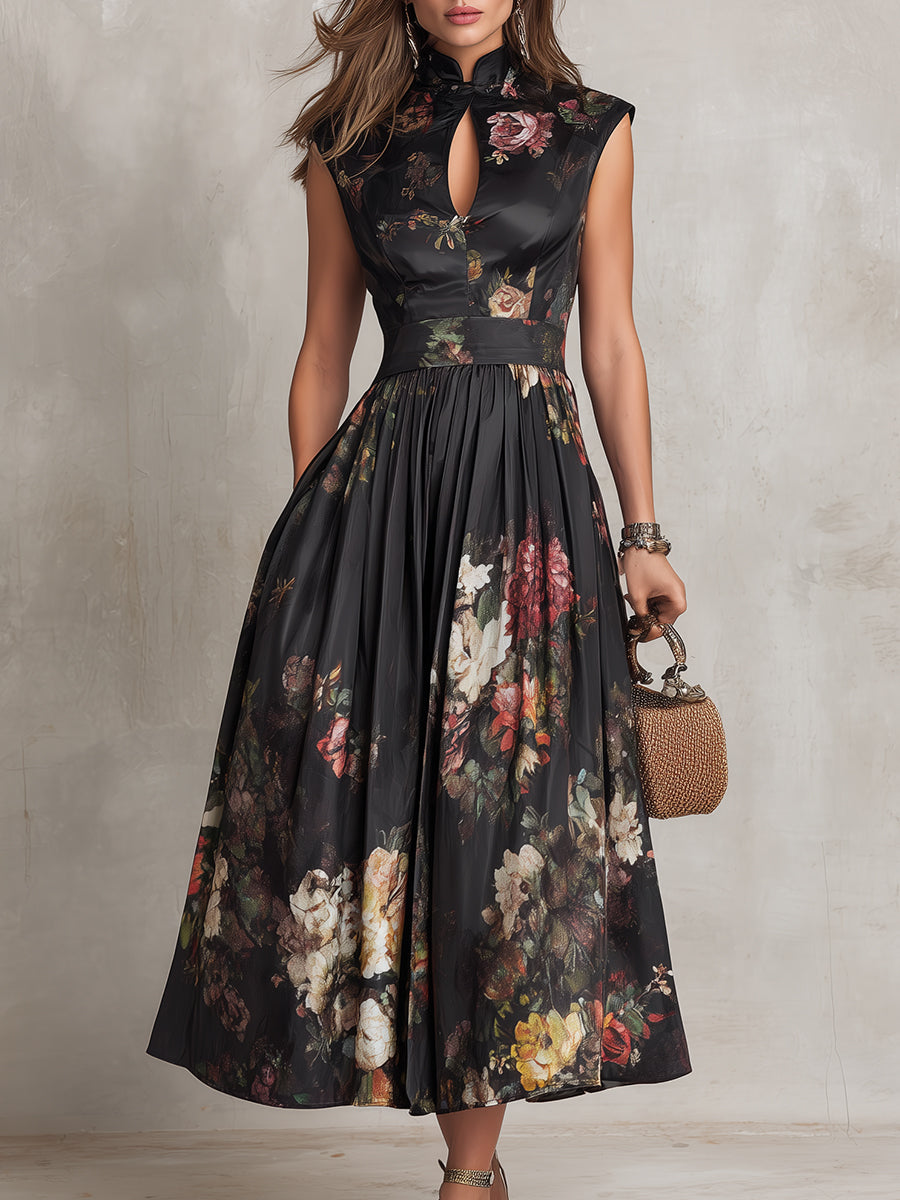 Patricia | Vestido Midi de Satén Negro con Estampado Floral y Pliegues