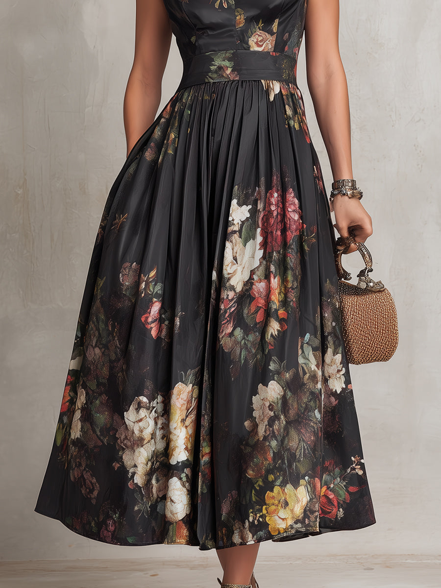 Patricia | Vestido Midi de Satén Negro con Estampado Floral y Pliegues