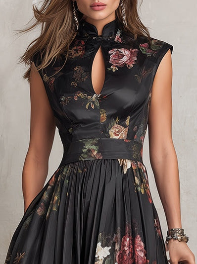Patricia | Vestido Midi de Satén Negro con Estampado Floral y Pliegues