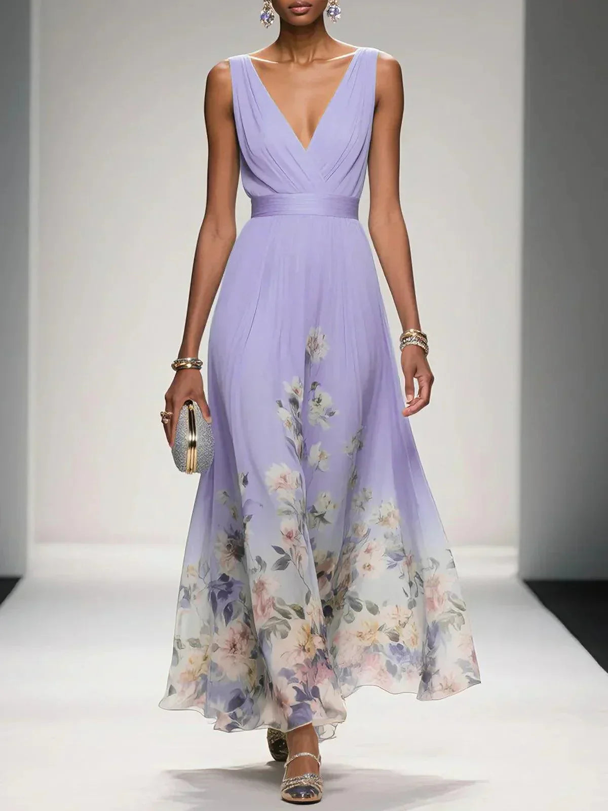 Elsa | Vestido Maxi de Chiffon Azul Claro con Escote en V