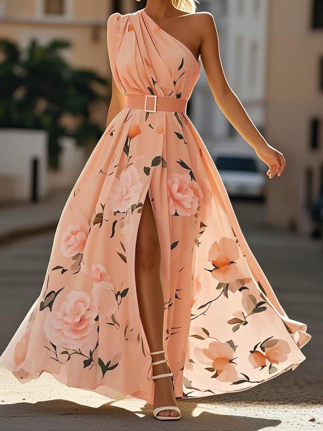Anna | Vestido Maxi Floral Verde Claro de Un Solo Hombro