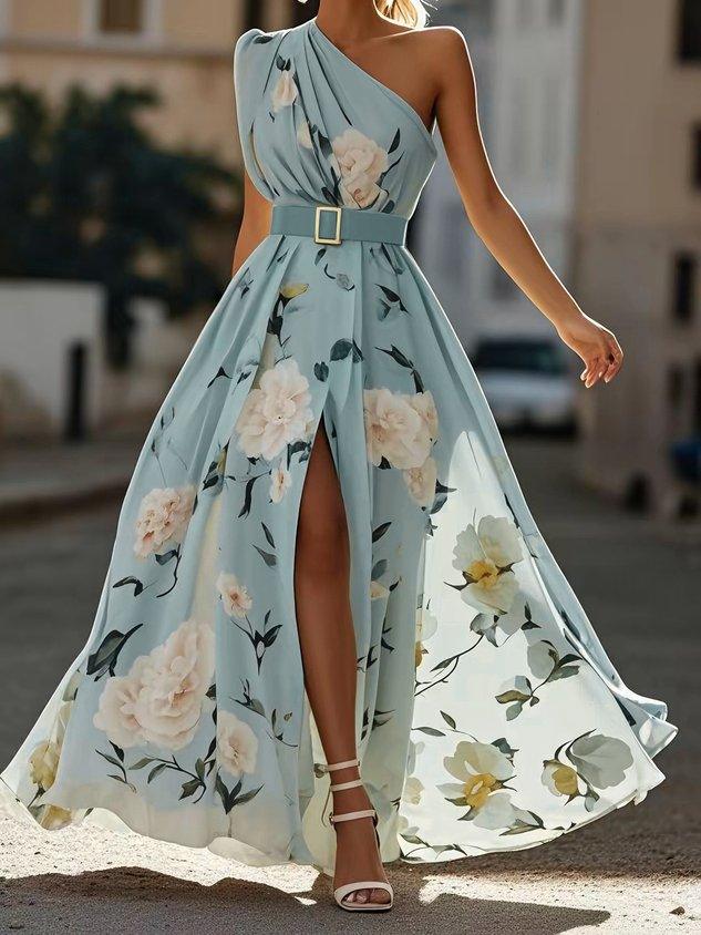 Anna | Vestido Maxi Floral Verde Claro de Un Solo Hombro