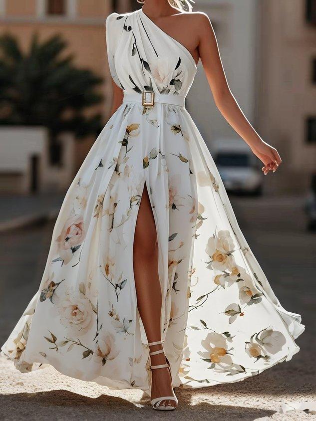 Anna | Vestido Maxi Floral Verde Claro de Un Solo Hombro