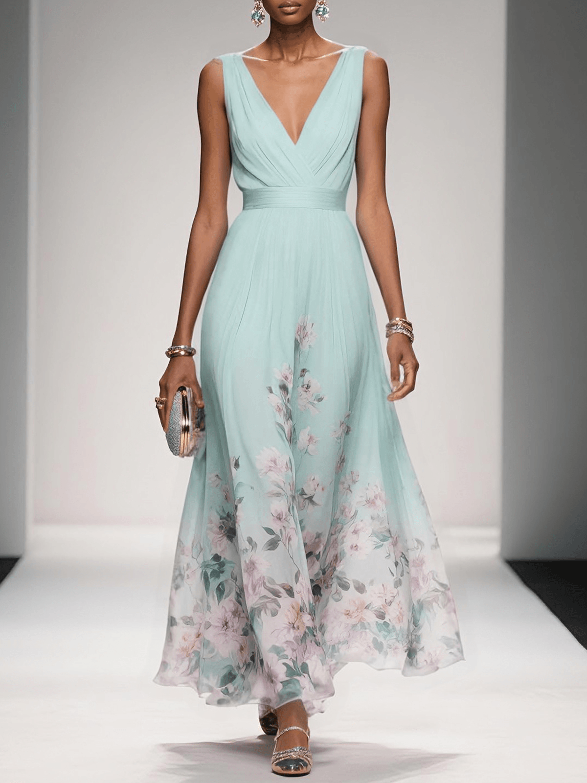 Elsa | Vestido Maxi de Chiffon Azul Claro con Escote en V