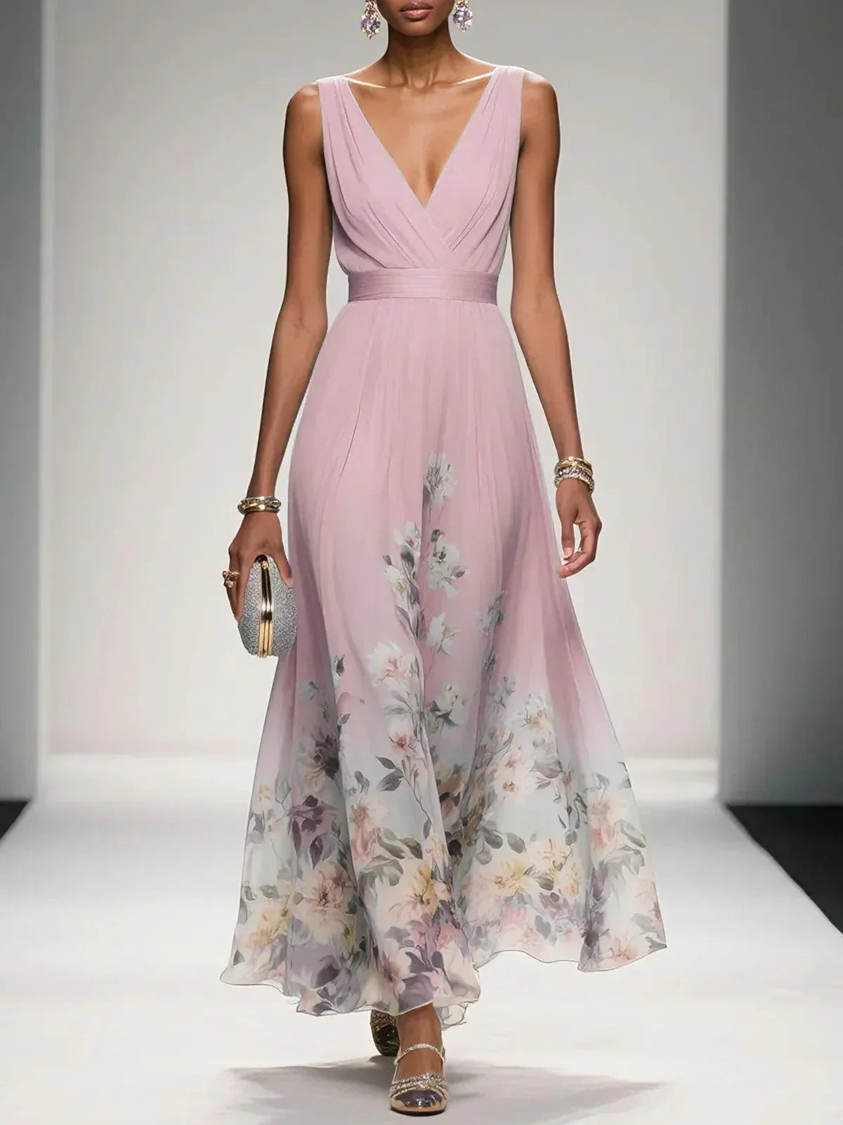 Elsa | Vestido Maxi de Chiffon Azul Claro con Escote en V