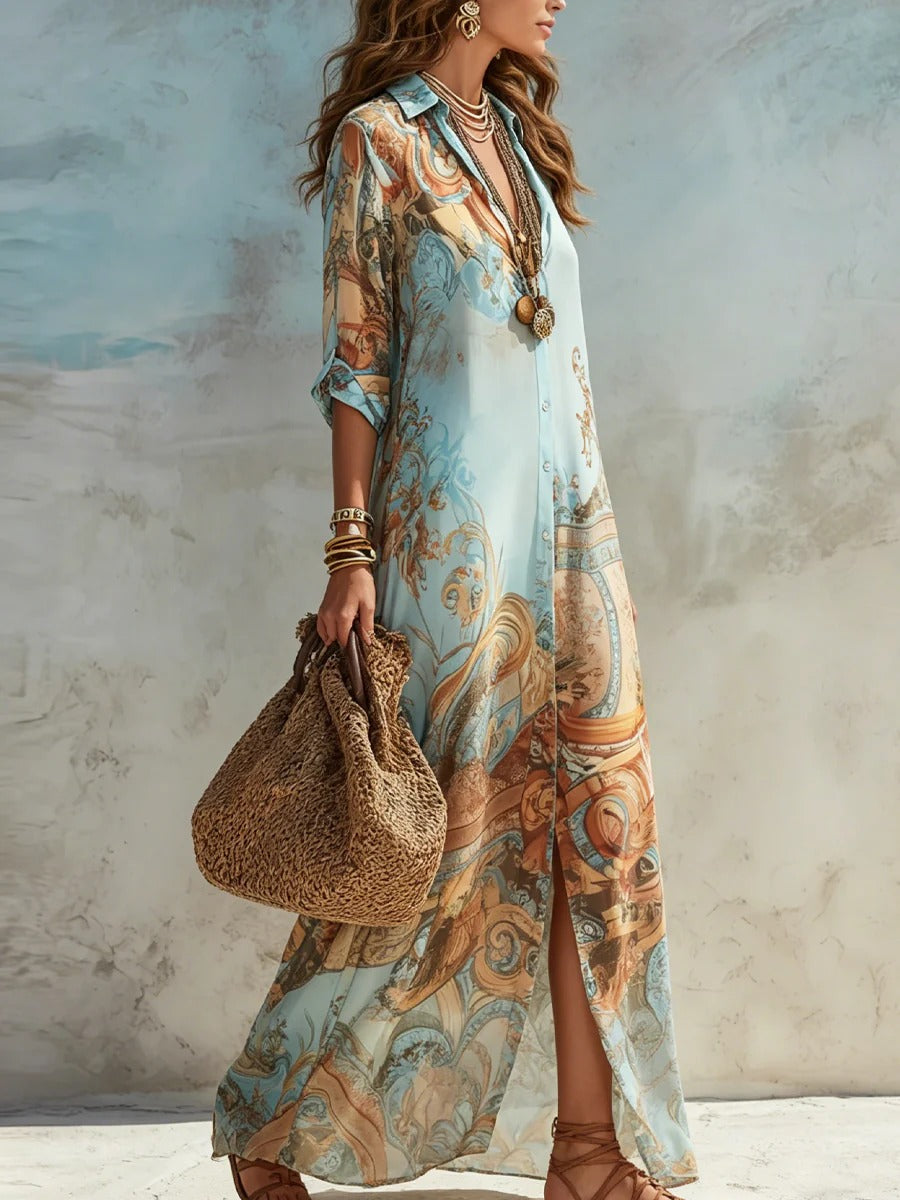 SERENA |  EL ENCANTO DEL MEDITERRÁNEO EN UN VESTIDO ELEGANTE Y ATEMPORAL.