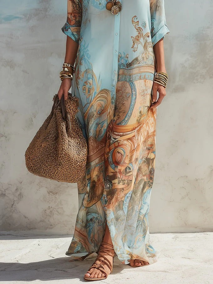 SERENA |  EL ENCANTO DEL MEDITERRÁNEO EN UN VESTIDO ELEGANTE Y ATEMPORAL.